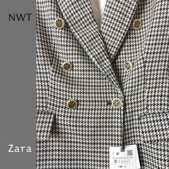 NEW NWT Zara Double-breasted Black and White Houndstooth Blazer, Sz S - Picture 6 of 7